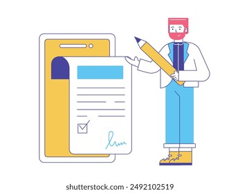 Man carrying a pen, signing a business document contract. Character design. Vector flat illustration