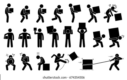 Man carrying and picking a box in various poses, postures, and positions. 