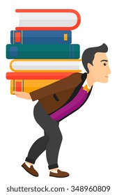 A man carrying a pile of books on his back vector flat design illustration isolated on white background. Vertical layout.