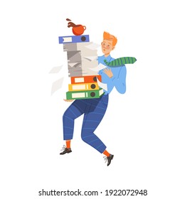 Man Carrying Pile of Office Folders and Documents as Time Management Vector Illustration