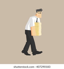 Man Carrying Pile Of Papers Primitive Geometric Cartoon Style Flat Vector Design Isolated Illustration
