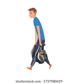 Man Carrying Plastic Garbage Bags, Household Activity, Housekeeping, Everyday Duties and Chores Cartoon Vector Illustration
