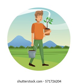 man carrying pot plant and earth pot-gardening