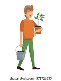 man carrying pot plant and earth pot