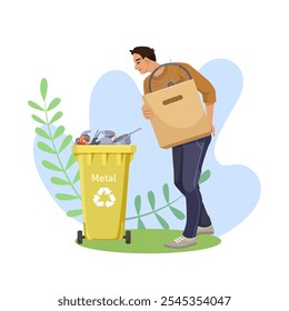 Man carrying recyclable materials to a yellow bin. Vector illustration