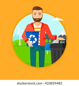Man carrying recycling bin. Man with recycling bin standing near a trash can on a background of wind turbine and solar panel. Vector flat design illustration in the circle isolated on background.
