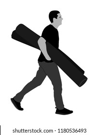 Man carrying rolled carpet and wallpaper vector illustration isolated on white background. Wholesale, logistic, loading, shipment. Activity in warehouse. Moving service for transport. Home adaptation.