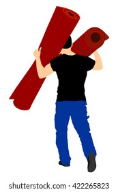 Man carrying rolled carpet and wallpaper vector illustration isolated on white background. Wholesale, logistic, loading, shipment. Activity in warehouse. Moving service for transport. Home adaptation.