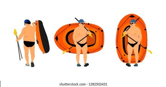 Man carrying row boat (rubber boat) and paddles vector illustration. Beach funny day. Mature man, senior sunbathing, Summer lifestyle holiday sunbathing fat man have resting. Hobby activity outdoor.