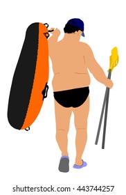 Man carrying row boat (rubber boat) and paddles vector illustration. Beach funny day. Mature man, senior sunbathing, Summer lifestyle holiday sunbathing fat man have resting. 