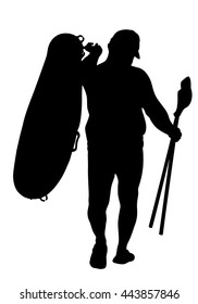 Man carrying row boat (rubber boat) and paddles vector silhouette illustration. Beach funny day. Mature man, senior sunbathing, Summer lifestyle holiday sunbathing fat man have resting. 