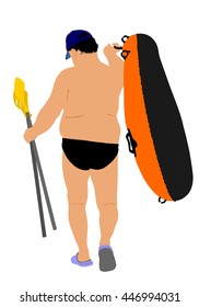 Man carrying row boat (rubber boat) and paddles vector illustration. Beach funny day. Mature man, senior sunbathing, Summer lifestyle holiday sunbathing fat man have resting. 