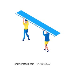 Man carrying ruler, stationery creative concept, isometric learning people, 3d student isolated, learn lesson, school, college pupil, blue, yellow, modern creative character