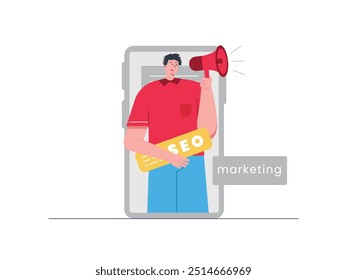 Man carrying SEO board and megaphone for marketing, mobile website. Character design. Vector flat illustration