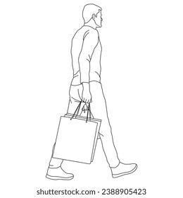 A man carrying shopping bags in outline and vector.