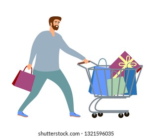 Man carrying shopping bags with purchases. Man is taking part in seasonal sale at store, shop, mall. Cartoon characters isolated on white background. Flat vector illustration.
