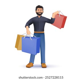 Homem carregando sacolas de compras com compras. Muy participando da venda sazonal na loja, loja, shopping. Personagens de desenhos animados isolados sobre fundo branco. Ilustração de vetor de estilo de desenho 3D