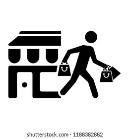 A man carrying shopping bags with store icon - vector illustration black