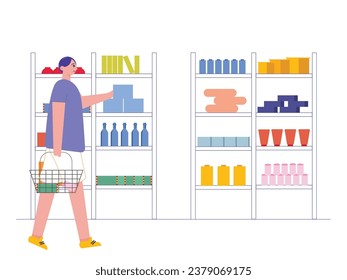Man carrying a shopping basket is walking on the product shelf in a store, choosing items in a hypermarket. Character design. Vector flat illustration