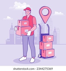 Man carrying a shopping box, technology and lifestyle concept. vector illustration concept for grocery delivery. man receiving parcel from delivery man indoors. Online shopping.