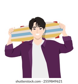 Man carrying skateboard, hold board the back of his head. Flat Vector character illustration