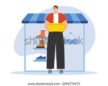 Man carrying sneaker box after purchasing shoes in store, shopping for trendy style. Character design. Vector flat illustration