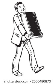 A man carrying a speaker box. Illustration in black and white and vector format. This illustration is not AI Generated content.