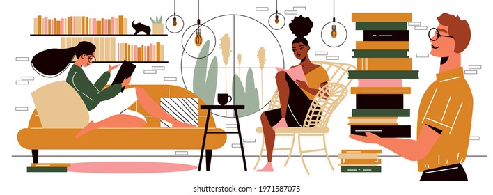 Man carrying stack of books and two women reading while sitting on sofa and chair in cozy room flat vector illustration