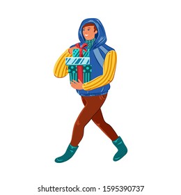 Man carrying stack of holiday gift boxes vector illustration