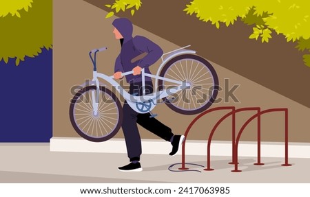 Man carrying stolen personal transport and running, male criminal broke security lock to steal cartoon vector illustration. Thief stealing bicycle from rack in public city area, bike theft on street