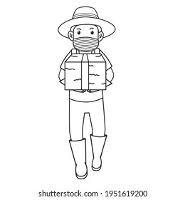 man carrying straw,active in farm using healthy mask.character illustration.