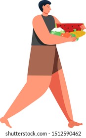 Man carrying summer fresh fruits and corn, vector flat illustration isolated on white background. Summer vacation, summertime, travel.