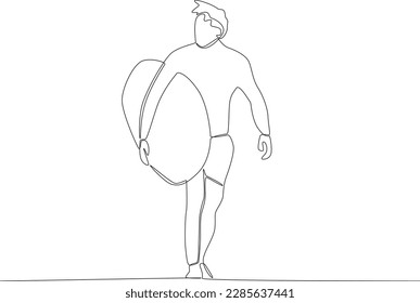 A man carrying a surfboard looking out to sea. Surfing one-line drawing