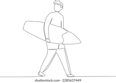 A man carrying a surfboard on the beach. Surfing one-line drawing