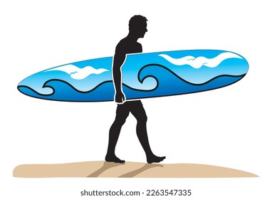 Man carrying a surfboard, surfing sport, artistic surfboard, vector illustration isolated on white background, eps