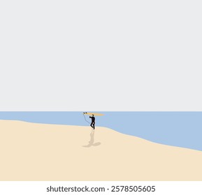 Man is carrying surfboard walking on the tropical beach during holiday vacation. Extreme sport lifestyle concept