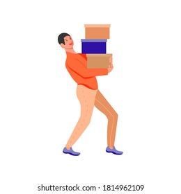 Mann, der einen großen Stapel Geschenkbox trägt. Guy halten Geschenke und genießen Verkauf oder Sonderangebot während der Festsaison Shopping. Flache Kunstvektorgrafik