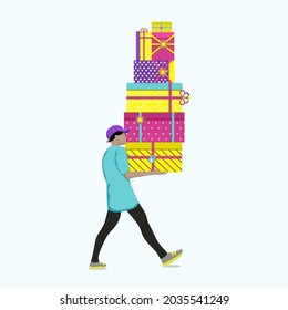 Man carrying  tall stack of gift boxes. Christmas festive season shopping. Flat vector illustration.