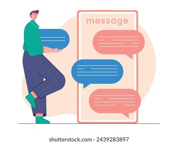 Man is carrying a text bubble, to be sent via a large phone message. Character design. Vector flat illustration