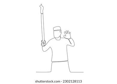 A man carrying a torch while waving. Islamic new year one-line drawing