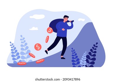 Man carrying torn bag with hole and leaking coins. Leakage and money loss of male character flat vector illustration. Financial risk, loan concept for banner, website design or landing web page