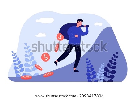 Man carrying torn bag with hole and leaking coins. Leakage and money loss of male character flat vector illustration. Financial risk, loan concept for banner, website design or landing web page