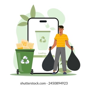 A man carrying trash bags with a smartphone and recycle bin graphic, in a flat style, on a white background, illustrating abstract waste management concept. Flat vector illustration