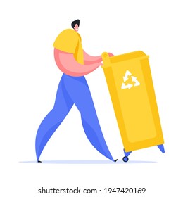 Man carrying a trash can illustration. Contented male character in yellow tshirt and blue pants moving large trash bin. Correct sorting of garbage for further processing and use vector flat.