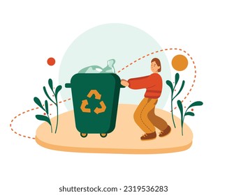 Man carrying trash can. Plastic recycling, reuse concept. Cartoon character volunteering to save Earth. Active diverse man doing social charity activities to save planet. Vector flat illustration