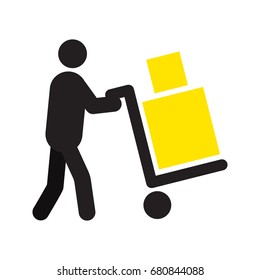 Man carrying two boxes with hand truck silhouette. Hand cart. Delivery service. Shipment. Parcel. Removals. Baggage. Isolated vector illustration. Deliveryman, courier