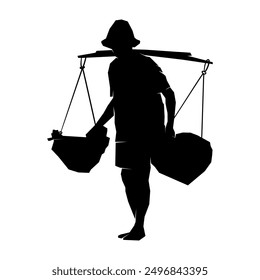 Man carrying two bucket on his shoulders, silhouette vector illustration