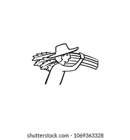 Man carrying wheat hand drawn outline doodle icon. Farmer with wheat vector sketch illustration for print, web, mobile and infographics isolated on white background.