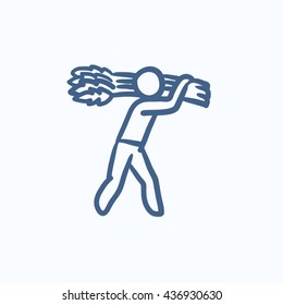 Hombre portando un icono de esbozo de vector de trigo aislado en el fondo. Hombre dibujado a mano portando un icono de trigo. Hombre portando un icono de sketch de trigo para infografía, sitio web o aplicación.