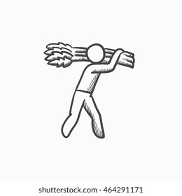 Hombre portando un icono de esbozo de vector de trigo aislado en el fondo. Hombre dibujado a mano portando un icono de trigo. Hombre portando un icono de sketch de trigo para infografía, sitio web o aplicación.